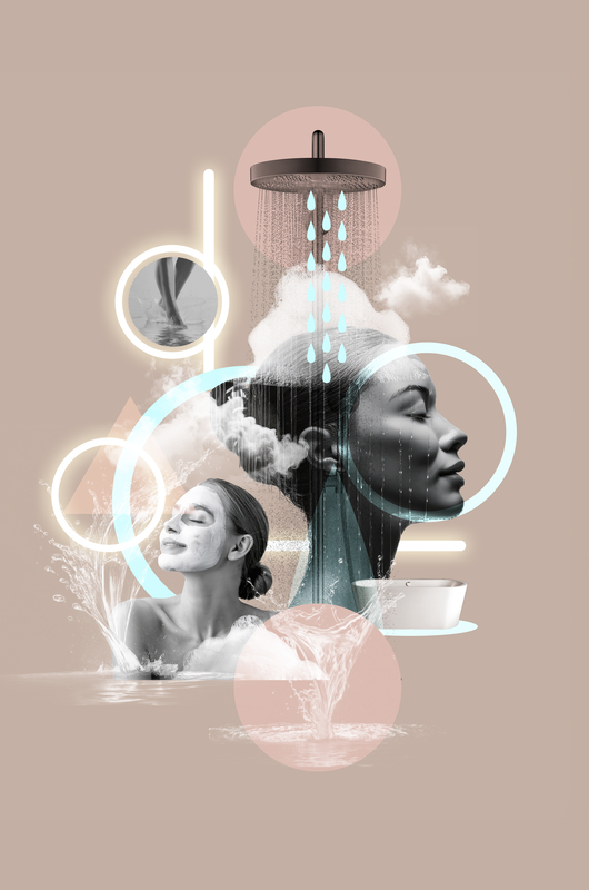 Collage Bad-Typen Die Illustration zeigt eine Collage mit Produkten für das Badezimmer