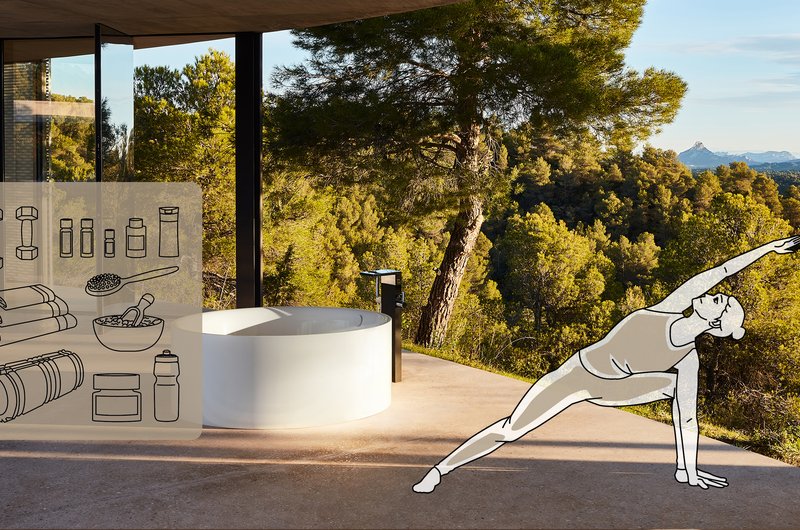 Außenbadewanne mit grafischer Darstellung von Fitness