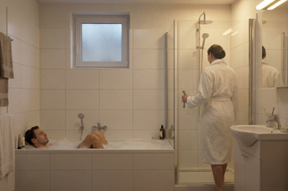 In einem Badezimmer liegt ein Mann in der Badewanne und eine Frau ist im Begriff eine Dusche zu nutzen