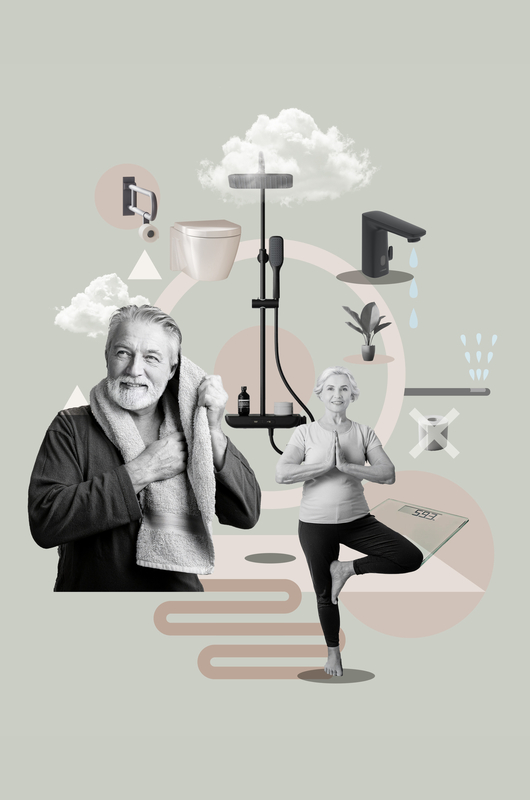 Collage Komfort-Badezimmer Die Illustration zeigt eine Collage mit Produkten für ein komfortables Badezimmer