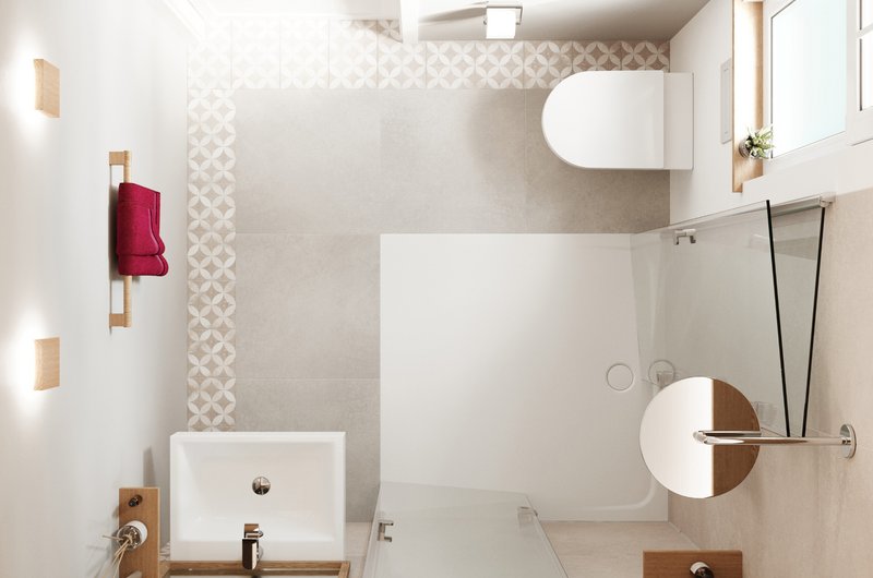 Zonierter Boden im kleinen Badezimmer
