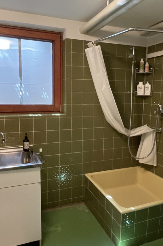 Links alter Duschbereich mit Kniehoher Duschtasse und moosgrünen Fliesen - rechts: bodenebene Dusche mit grauen Boden- und hellblauen Wandfliesen