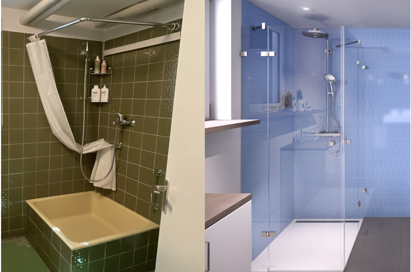 Links alter Duschbereich mit Kniehoher Duschtasse und moosgrünen Fliesen - rechts: bodenebene Dusche mit grauen Boden- und hellblauen Wandfliesen