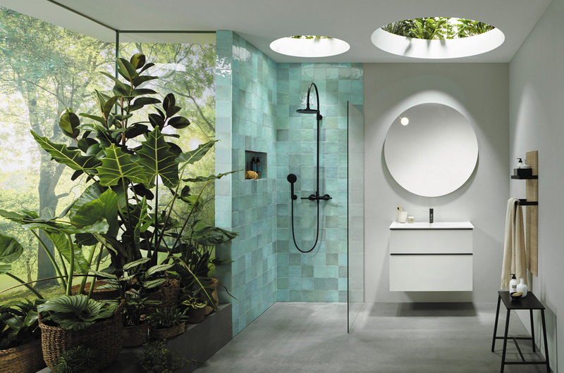 Eine Ansammlung an Pflanzen neben dem Duschbereich eines Badezimmers