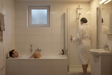 In einem Badezimmer liegt ein Mann in der Badewanne und eine Frau ist im Begriff eine Dusche zu nutzen