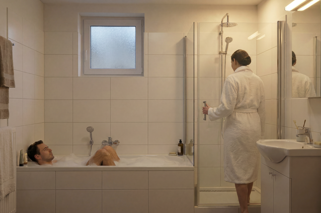 In einem Badezimmer liegt ein Mann in der Badewanne und eine Frau ist im Begriff eine Dusche zu nutzen