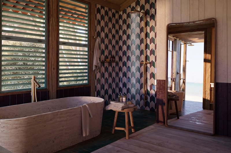 Badezimmer im rustikalen Einrichtungsstil mit natürlichen Materialien, wie etwa einer Badewanne aus Holz
