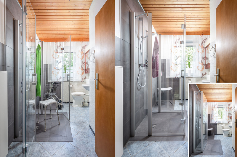 Barrierefreies BAdezimmer nach der Sanierung mit faltbarer Duschkanine von Kermi