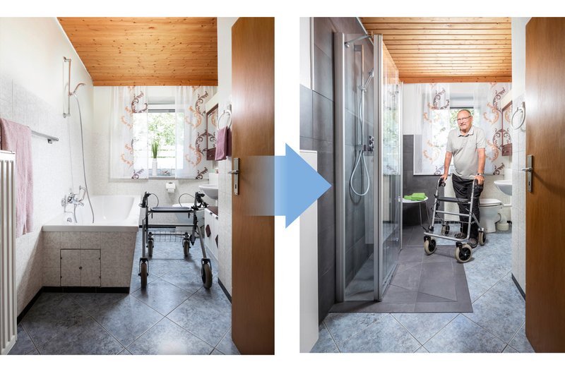Badsanierung zum barrierefreien Badezimmer mit faltbarer Duschabtrennung von Kermi