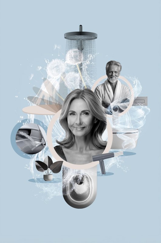 Die Illustration zeigt eine Collage mit Produkten und Funktionen eines Dusch-WCs
