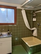 Links alter Duschbereich mit Kniehoher Duschtasse und moosgrünen Fliesen - rechts: bodenebene Dusche mit grauen Boden- und hellblauen Wandfliesen